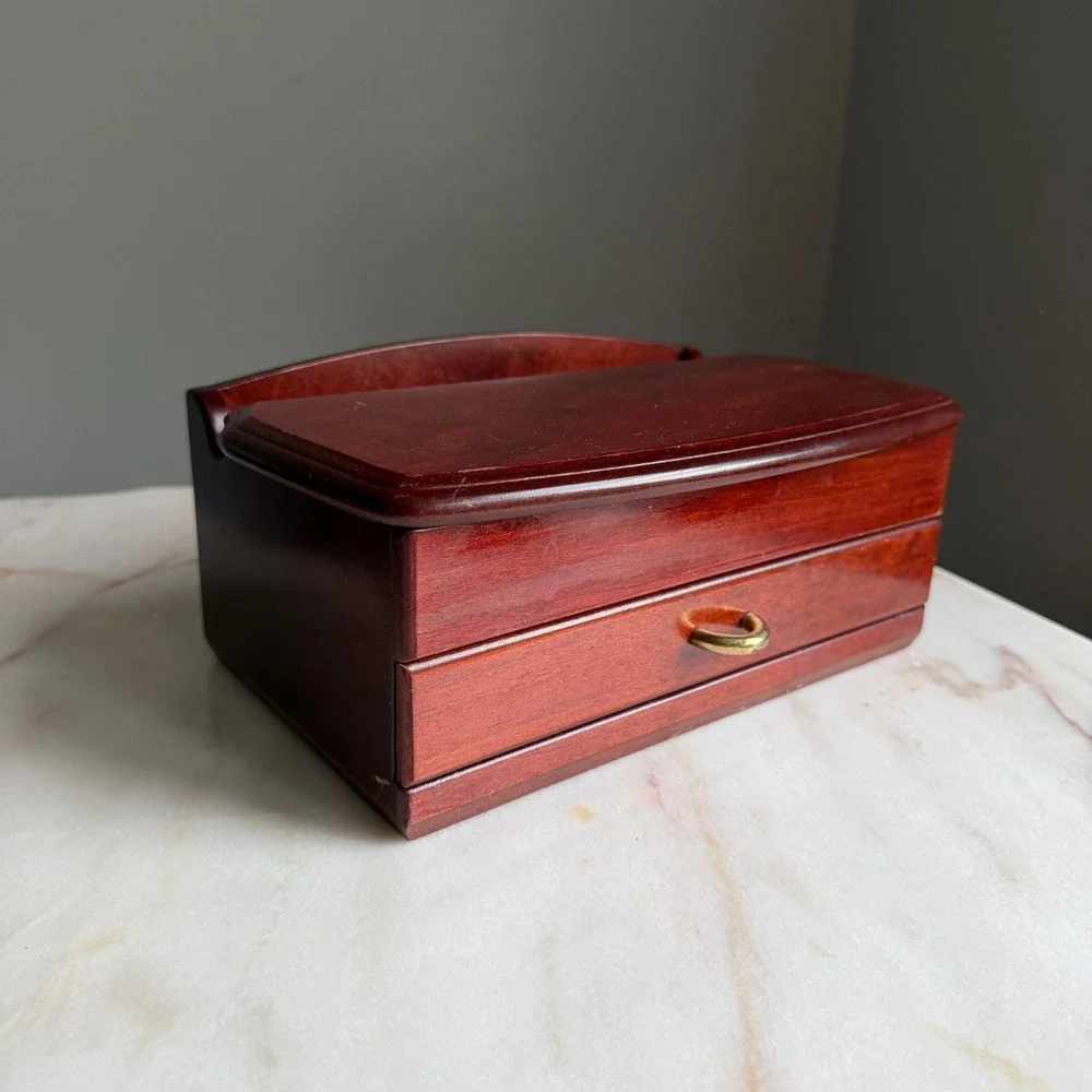 Vintage Cherry Wood Jewelry Box Mirror Green Velvet Lining Drawer Gold Hardware